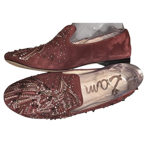 SAM EDELMAN Avalon Flats Burgundy Wine Suede‎ Sequin Flats Fairy Grunge W Sz 7.5 - Picture 3 of 16
